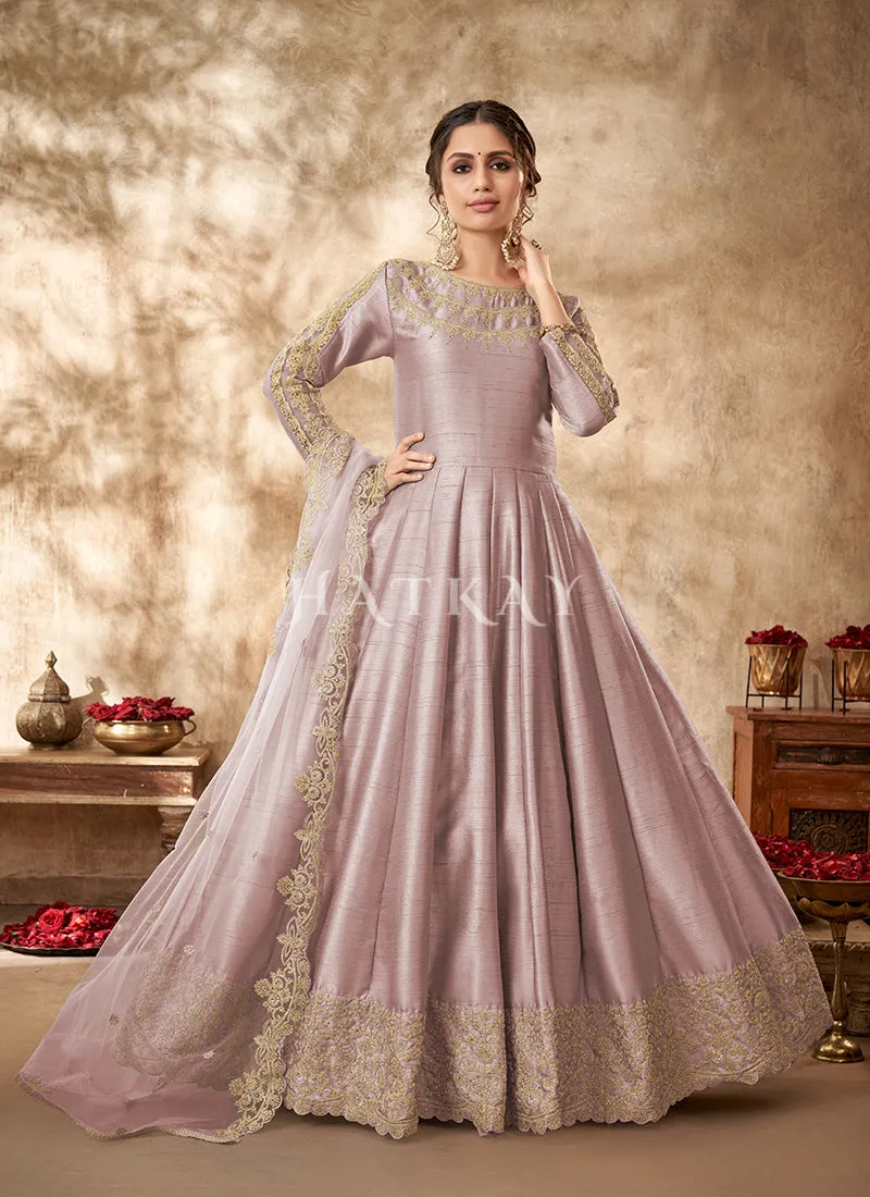 Lavender Zari Embroidered Traditional Silk Anarkali