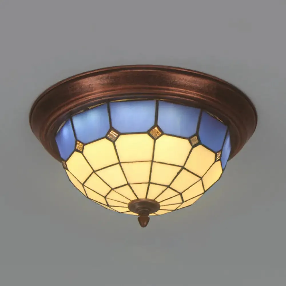 Lodge Stained Glass Bowl Ceiling Light Fixture - 1 Bulb Flushmount in Blue & White