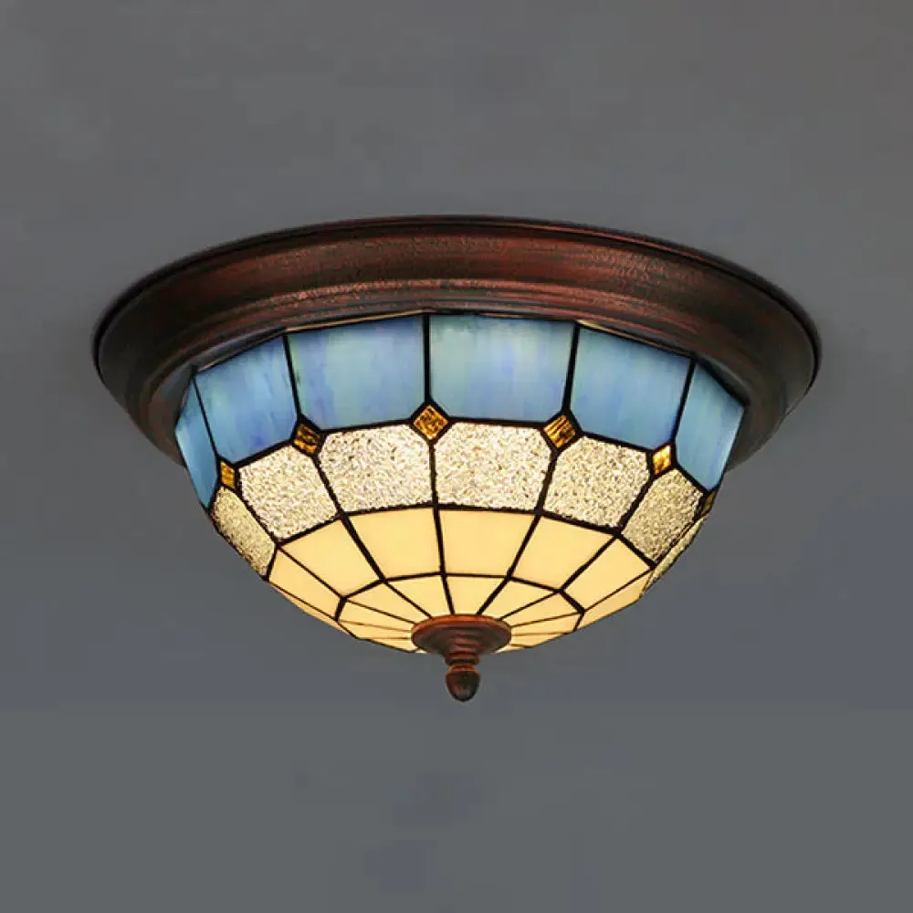 Lodge Stained Glass Bowl Ceiling Light Fixture - 1 Bulb Flushmount in Blue & White