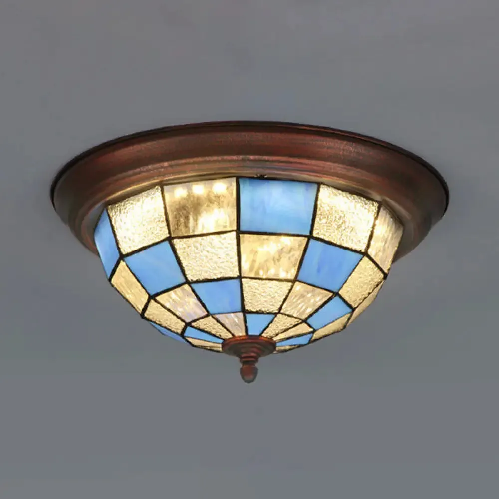 Lodge Stained Glass Bowl Ceiling Light Fixture - 1 Bulb Flushmount in Blue & White