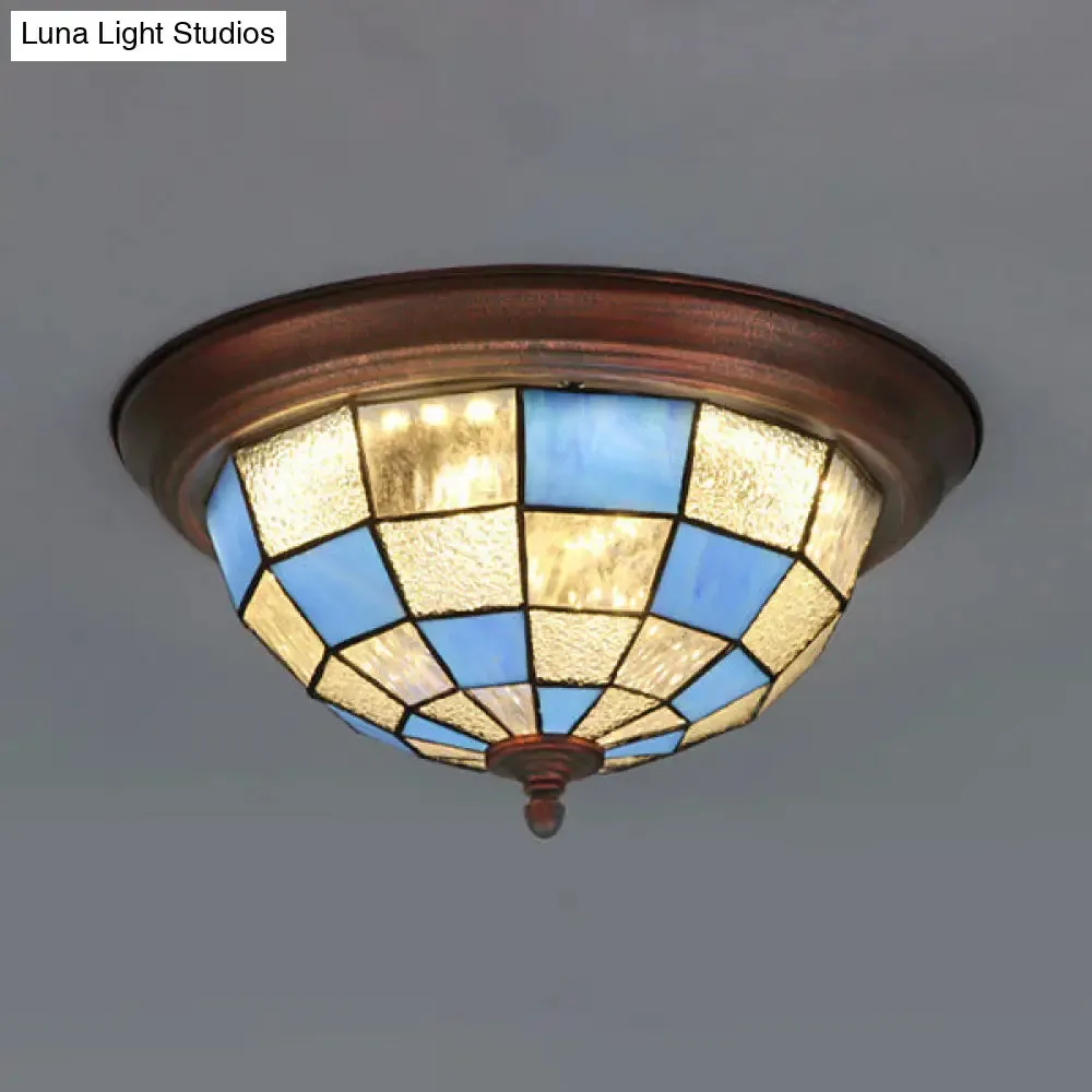 Lodge Stained Glass Bowl Ceiling Light Fixture - 1 Bulb Flushmount in Blue & White