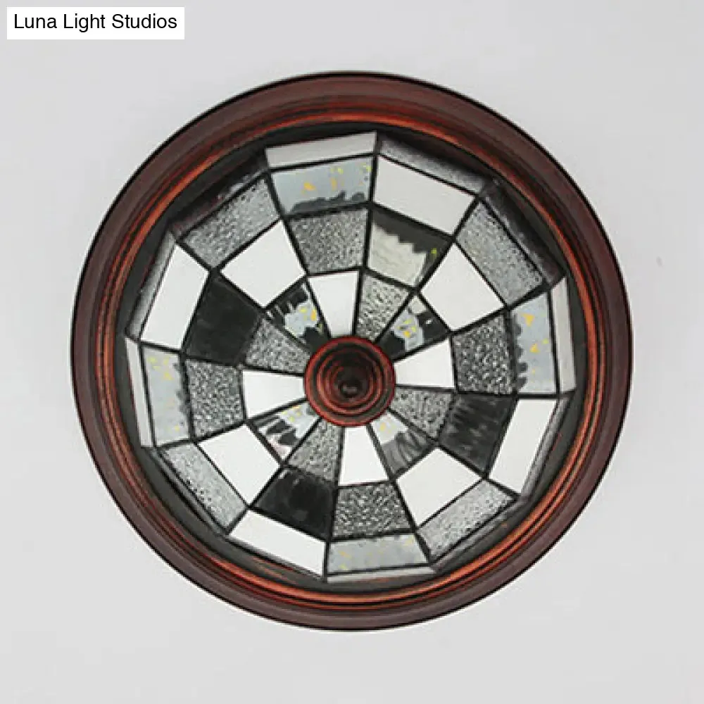 Lodge Stained Glass Bowl Ceiling Light Fixture - 1 Bulb Flushmount in Blue & White