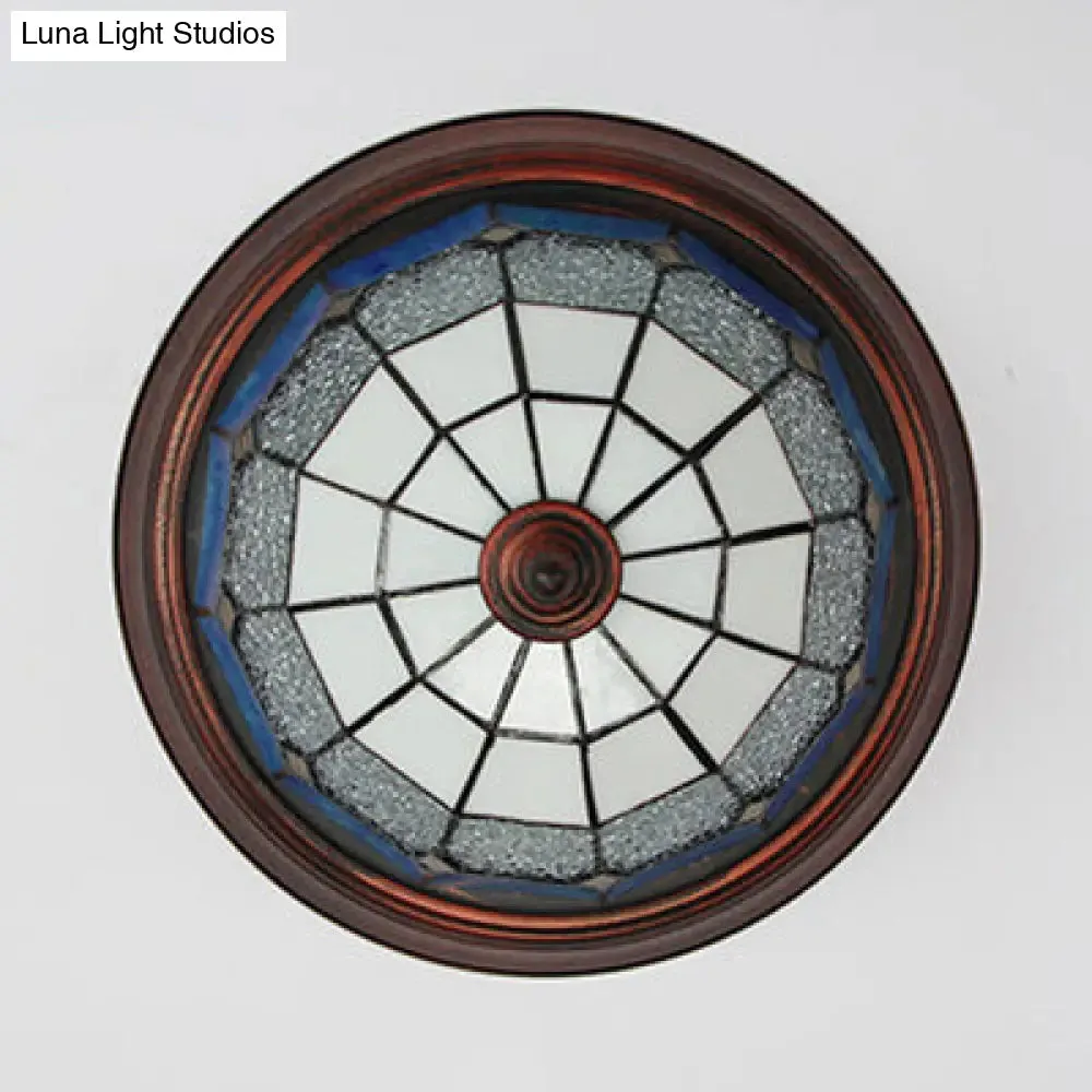 Lodge Stained Glass Bowl Ceiling Light Fixture - 1 Bulb Flushmount in Blue & White