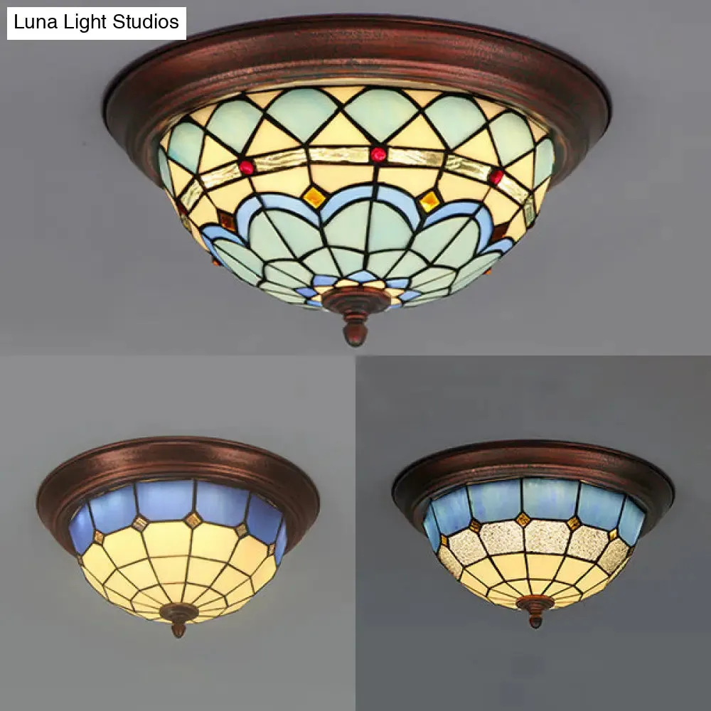 Lodge Stained Glass Bowl Ceiling Light Fixture - 1 Bulb Flushmount in Blue & White