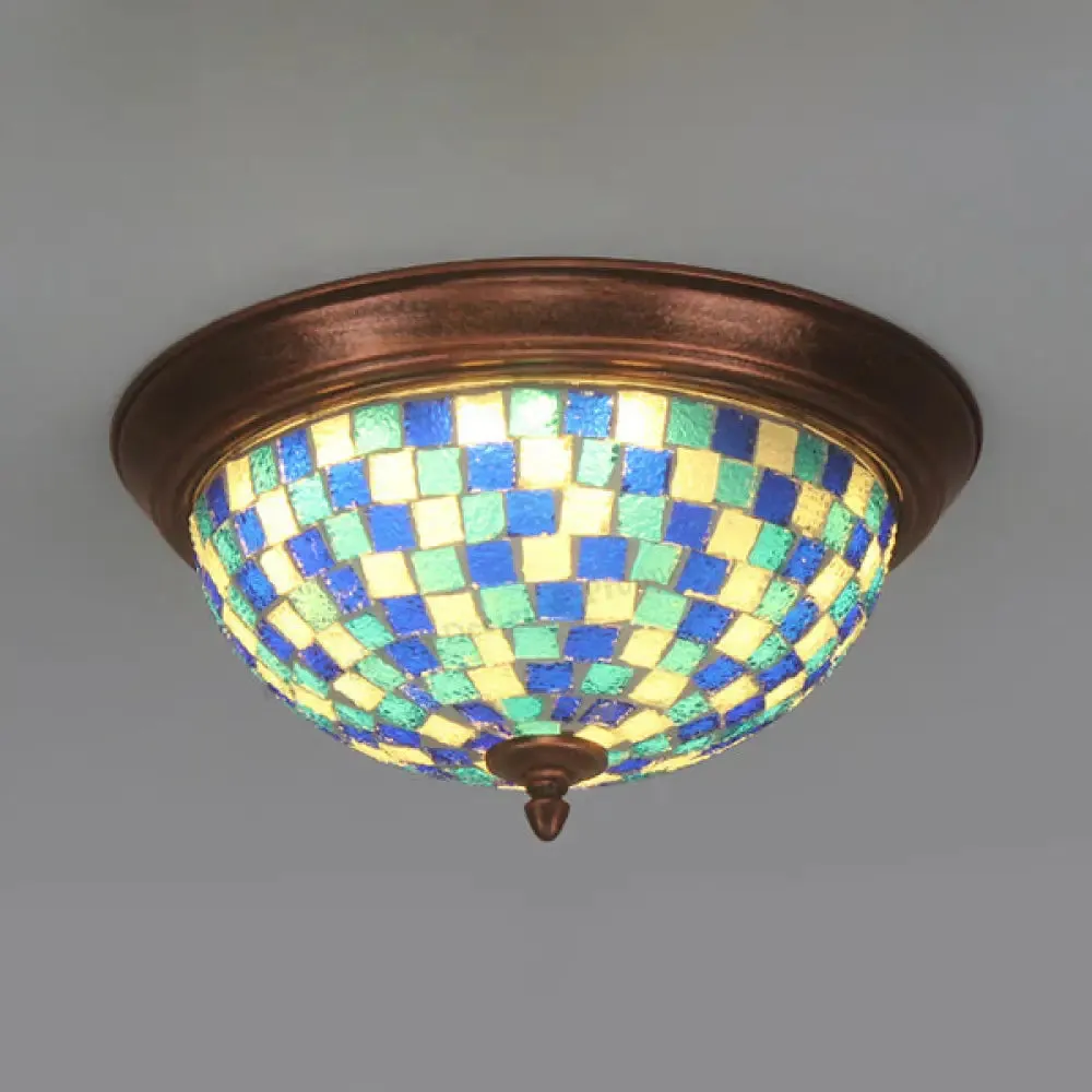 Lodge Stained Glass Bowl Ceiling Light Fixture - 1 Bulb Flushmount in Blue & White