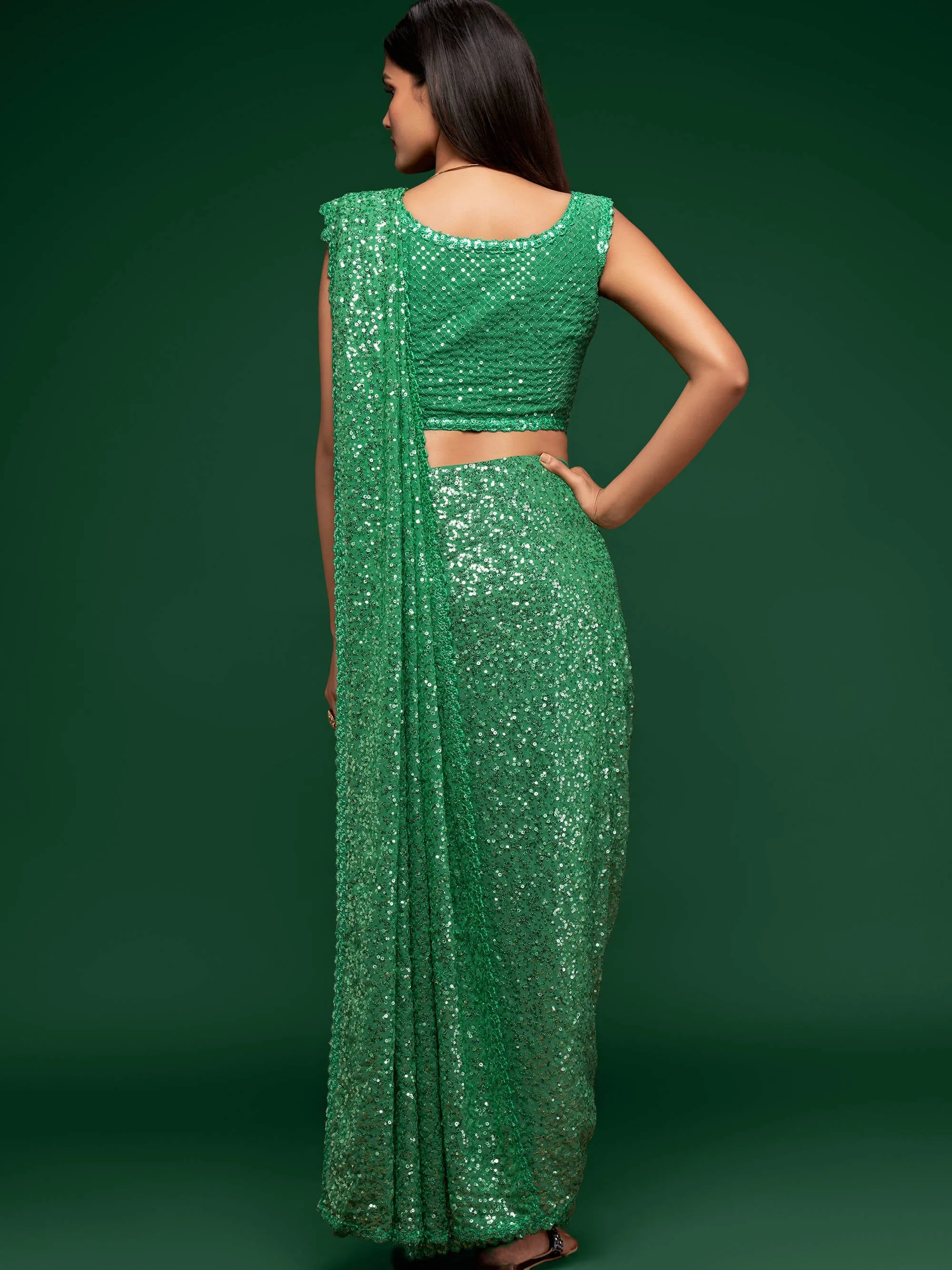 Lovely Mint Green Sequined Georgette Party Wear Saree