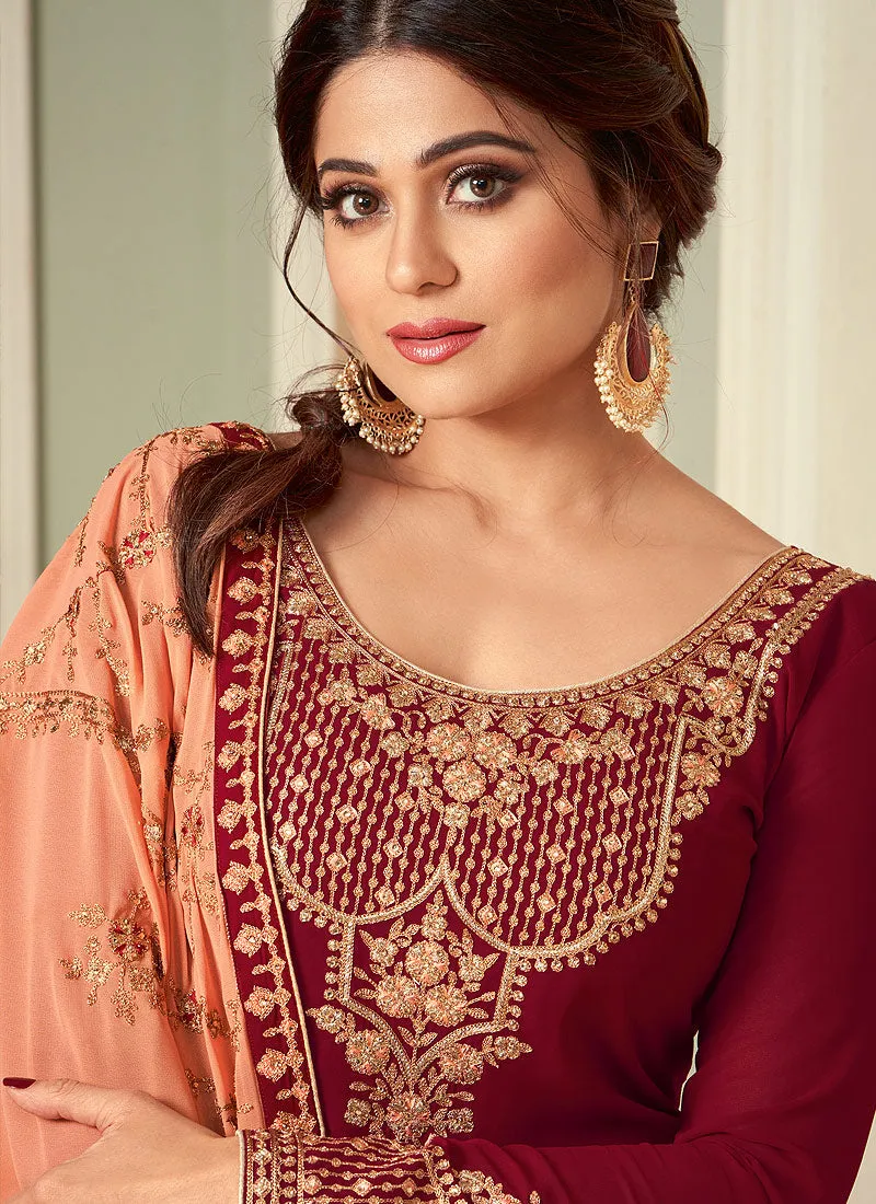 Maroon And Peach Embroidered Lehenga Style Suit