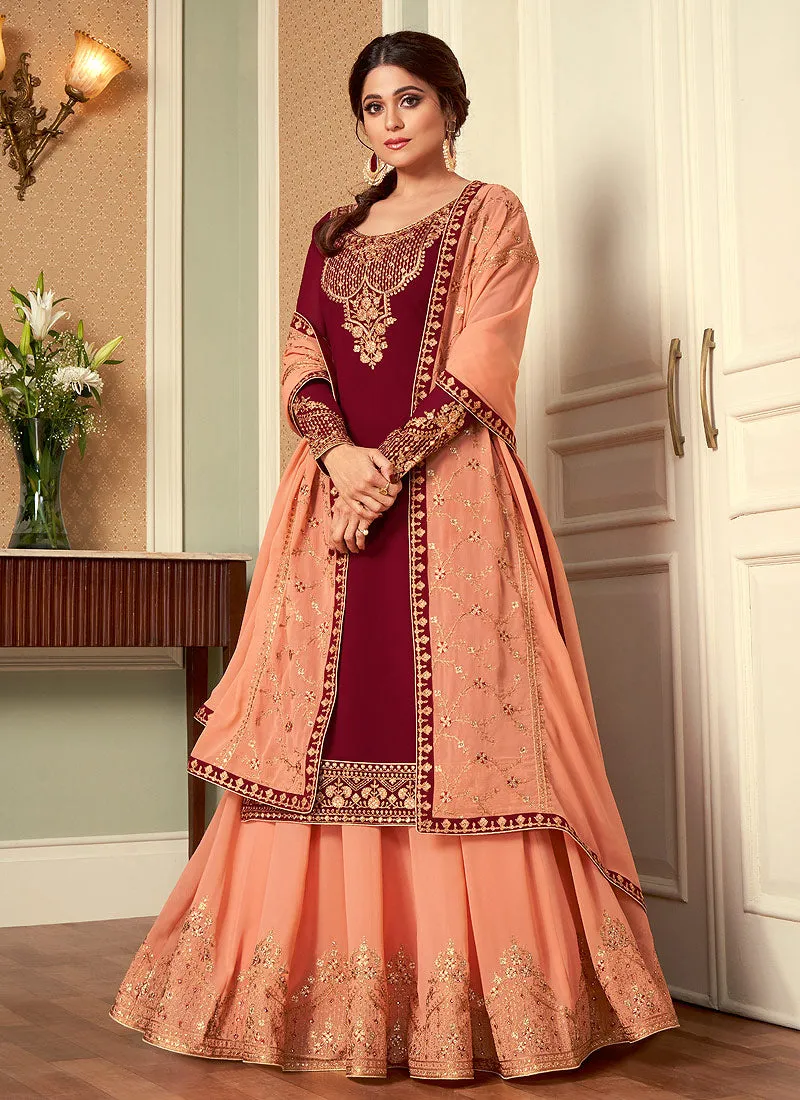 Maroon And Peach Embroidered Lehenga Style Suit