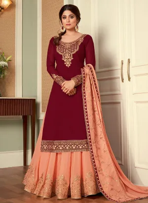 Maroon And Peach Embroidered Lehenga Style Suit