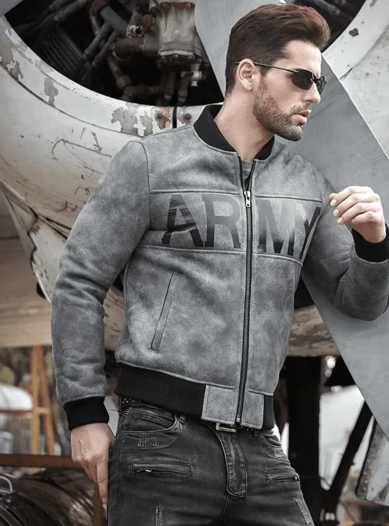 Mens Army Grey & Black Leather Ma-1 Bomber Jacket