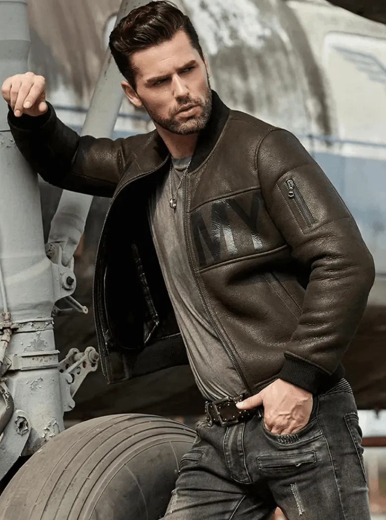 Mens Army Grey & Black Leather Ma-1 Bomber Jacket