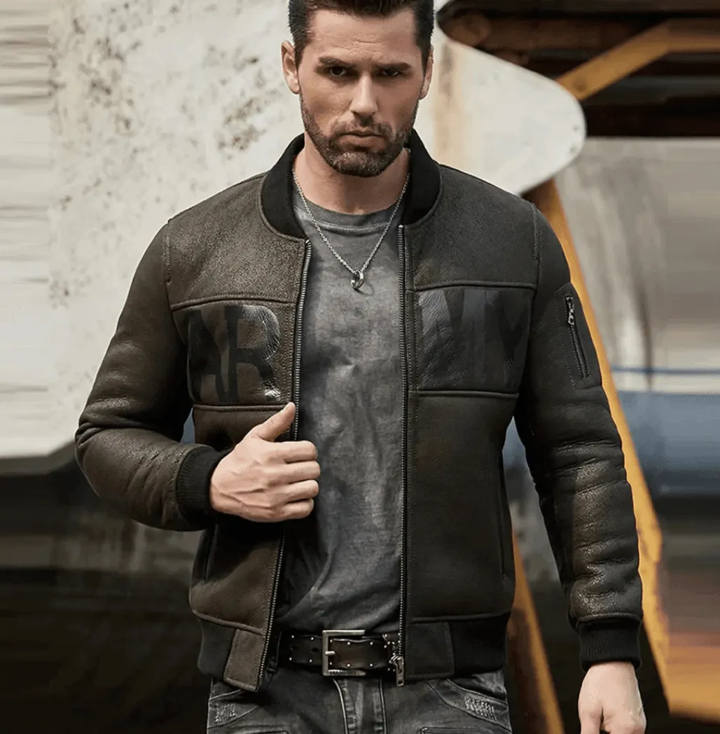 Mens Army Grey & Black Leather Ma-1 Bomber Jacket