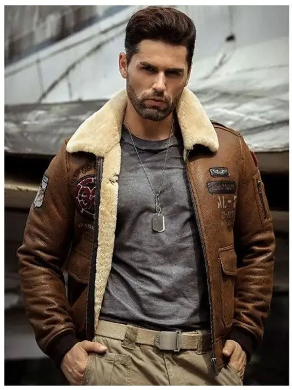 Men's B3 Flying Leather Shearling Bomber Jacket with Embroidered Design