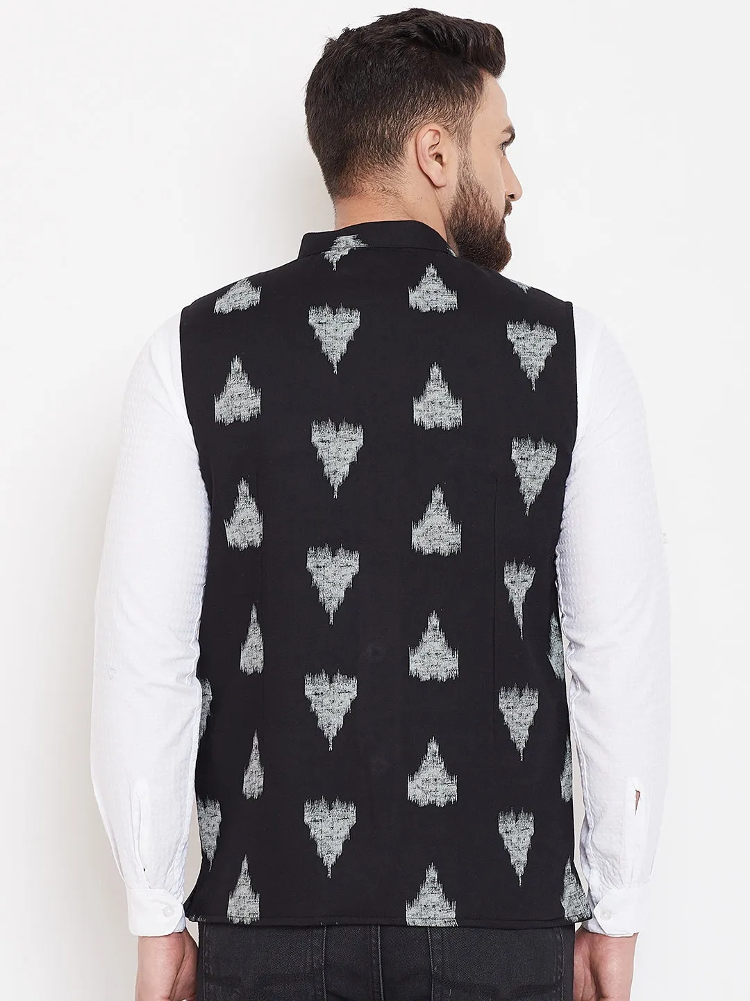 Men's Black Geometric Print Nehru Jacket  - Even Apparels