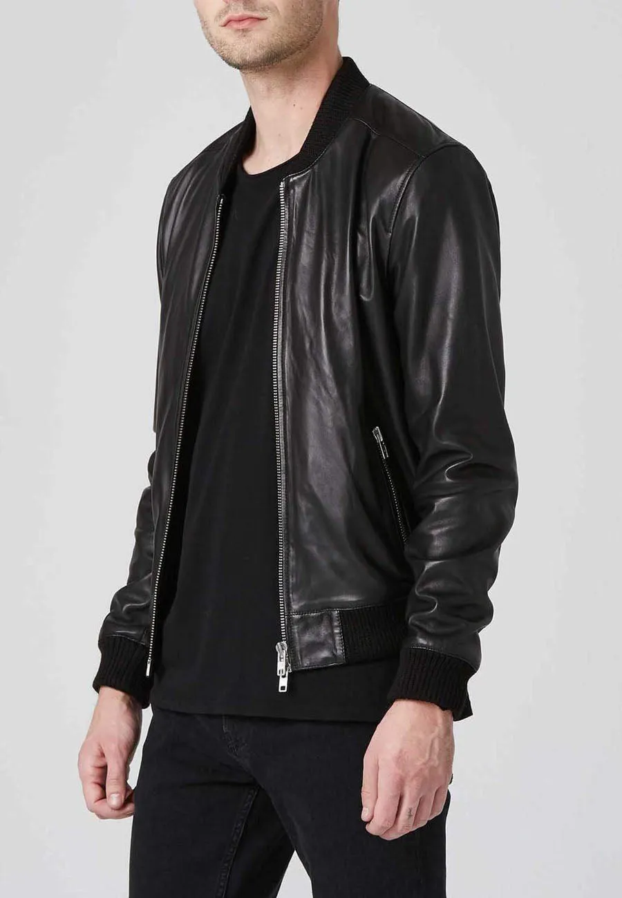 Men's Black Leather Bomber Jacket Double Zipper