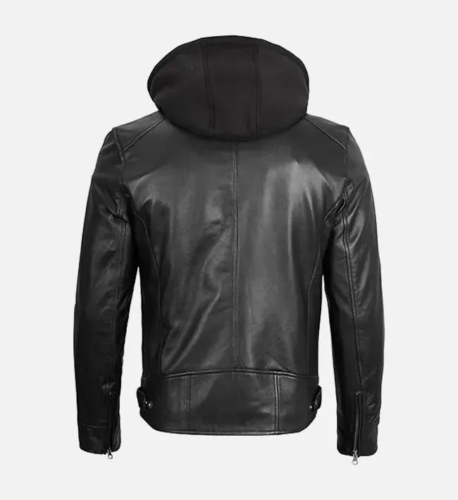 Men’s Black Leather Jacket with Removable Hood