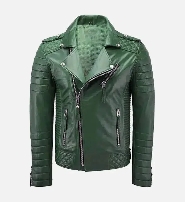 Men's Green Moto Biker Slim Fit Leather Jacket