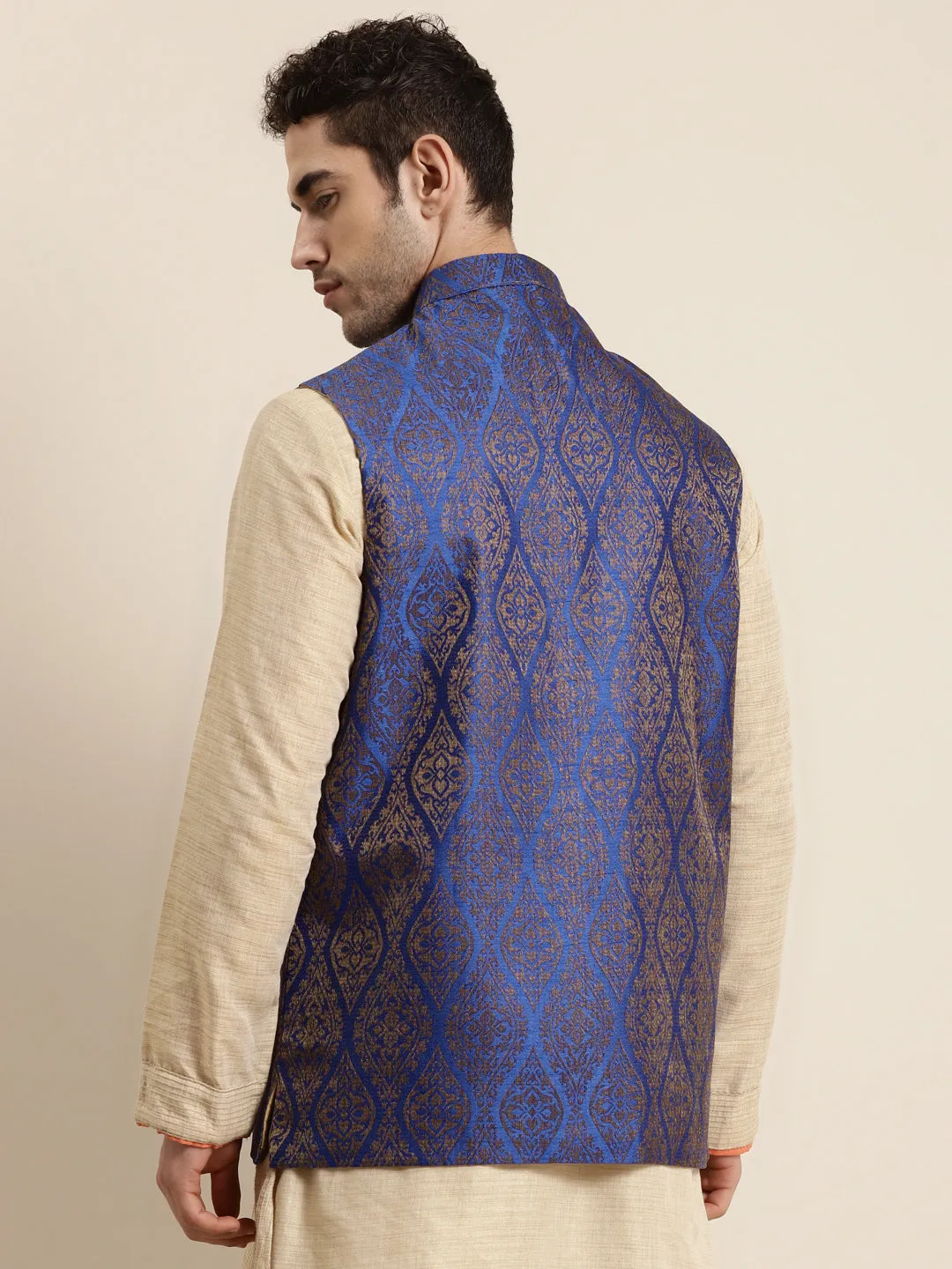 Men's Jacquard Silk Blue & Gold Nehru Jacket - Sojanya