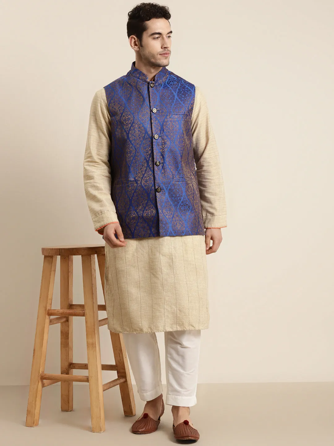 Men's Jacquard Silk Blue & Gold Nehru Jacket - Sojanya