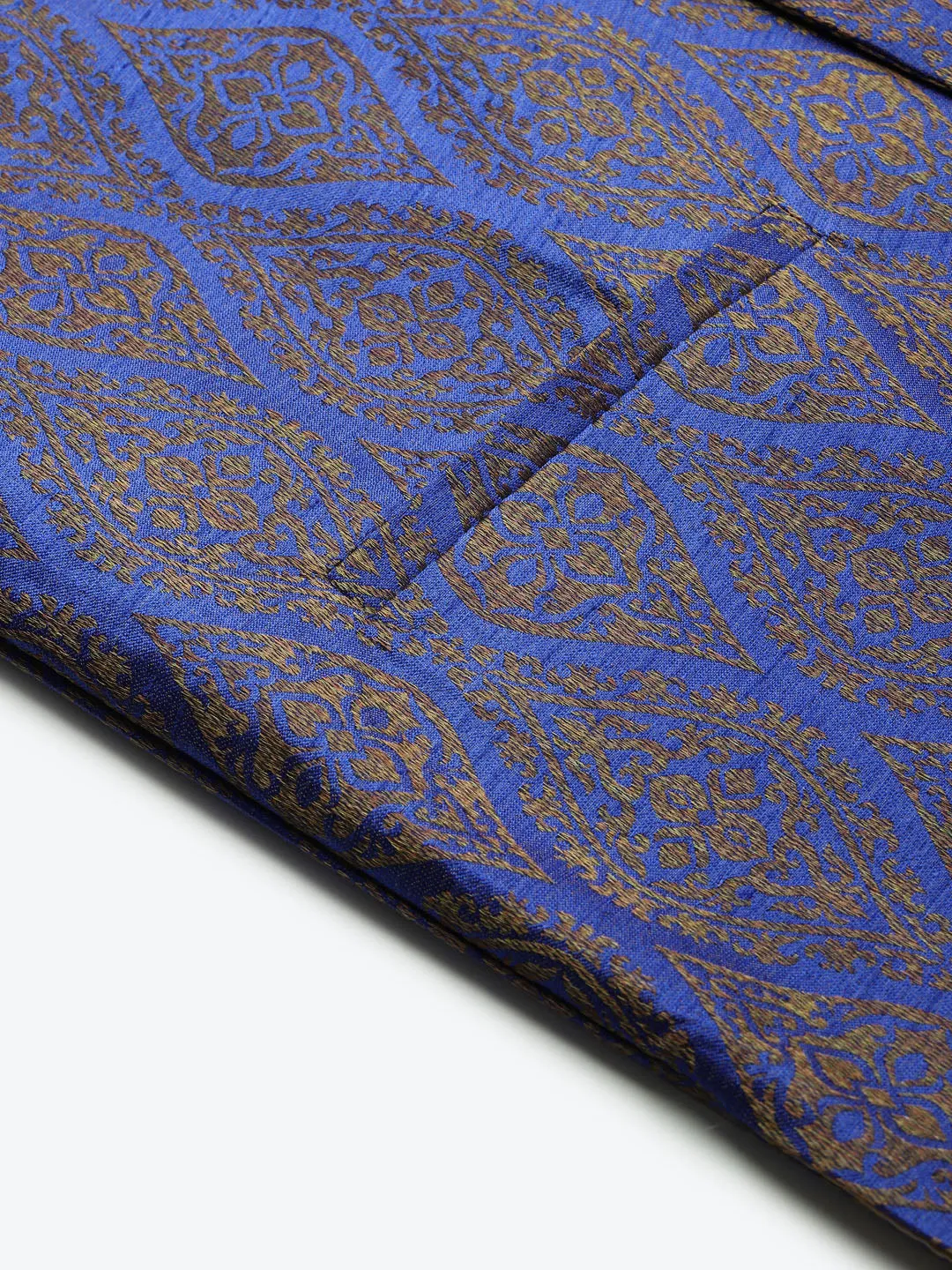 Men's Jacquard Silk Blue & Gold Nehru Jacket - Sojanya