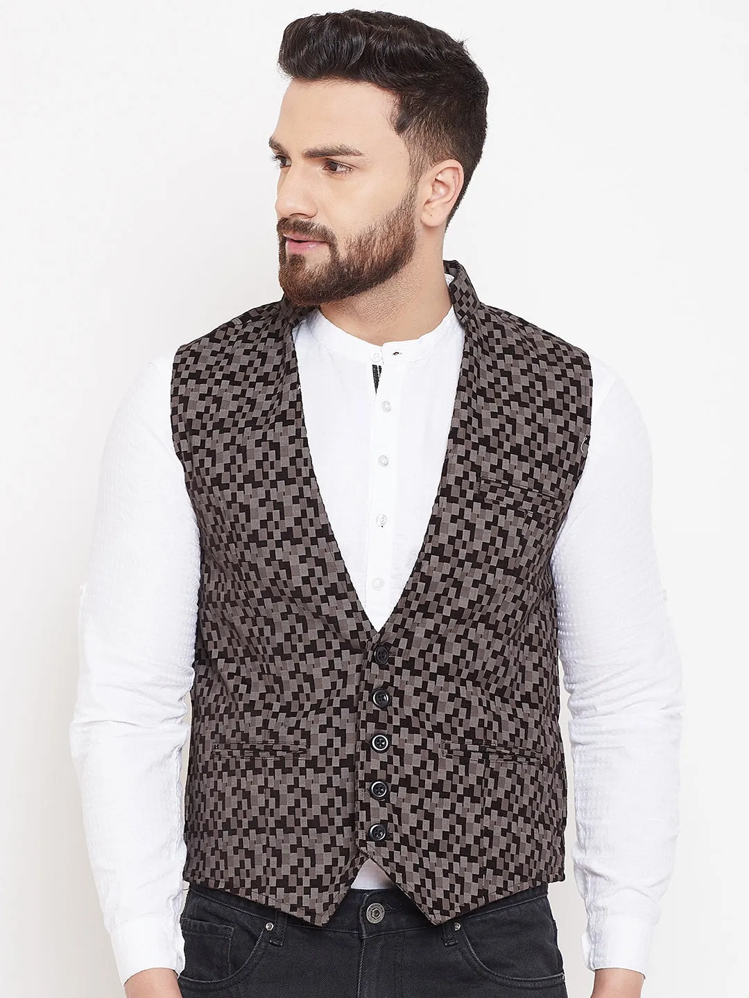 Men's Printed Brown Pure Cotton Waistcoat  - Even Apparels