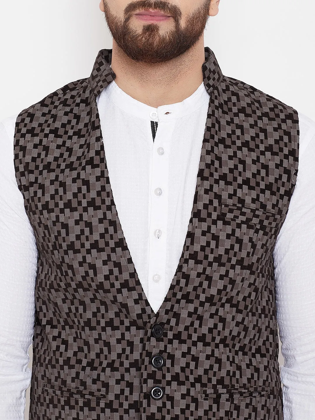 Men's Printed Brown Pure Cotton Waistcoat  - Even Apparels