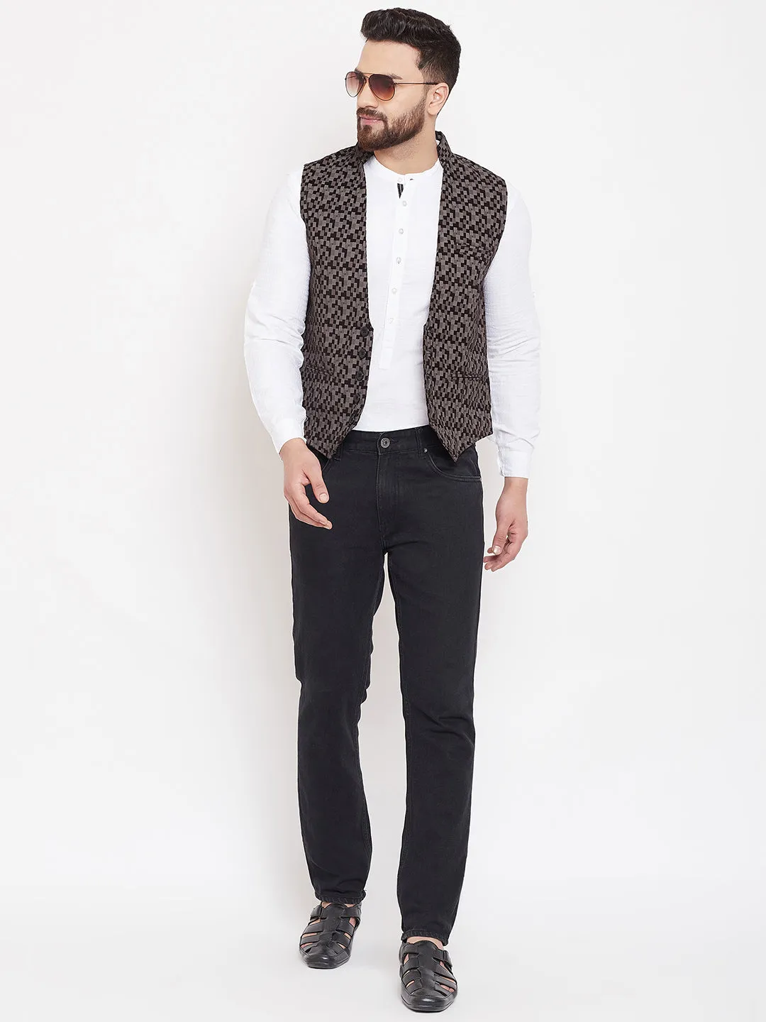 Men's Printed Brown Pure Cotton Waistcoat  - Even Apparels