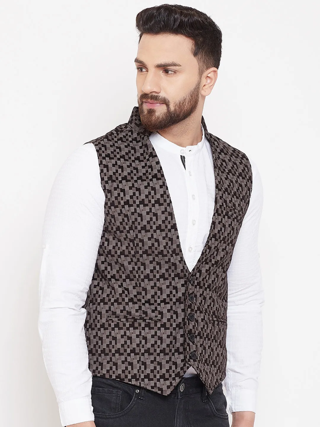 Men's Printed Brown Pure Cotton Waistcoat  - Even Apparels