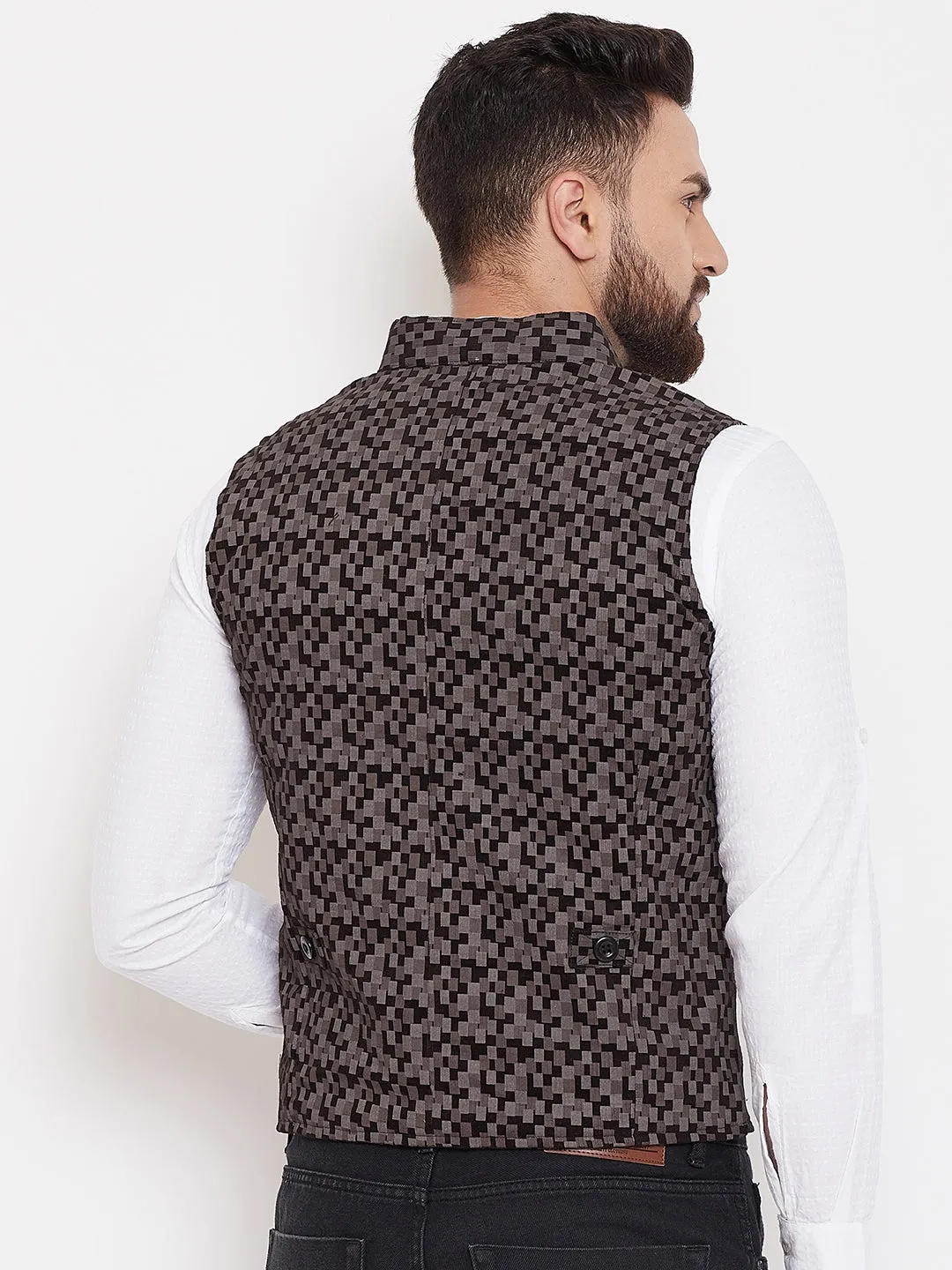 Men's Printed Brown Pure Cotton Waistcoat  - Even Apparels