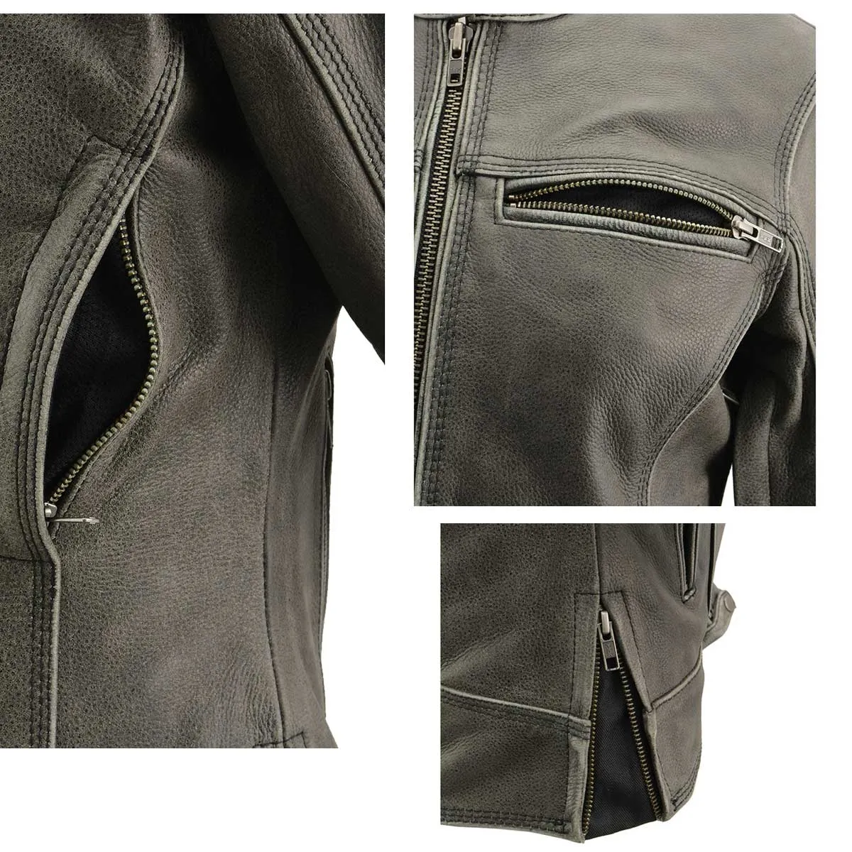 Milwaukee Leather MLL2550 Women's Scooter Distressed Grey Leather Motorcycle Riding Vented Jacket