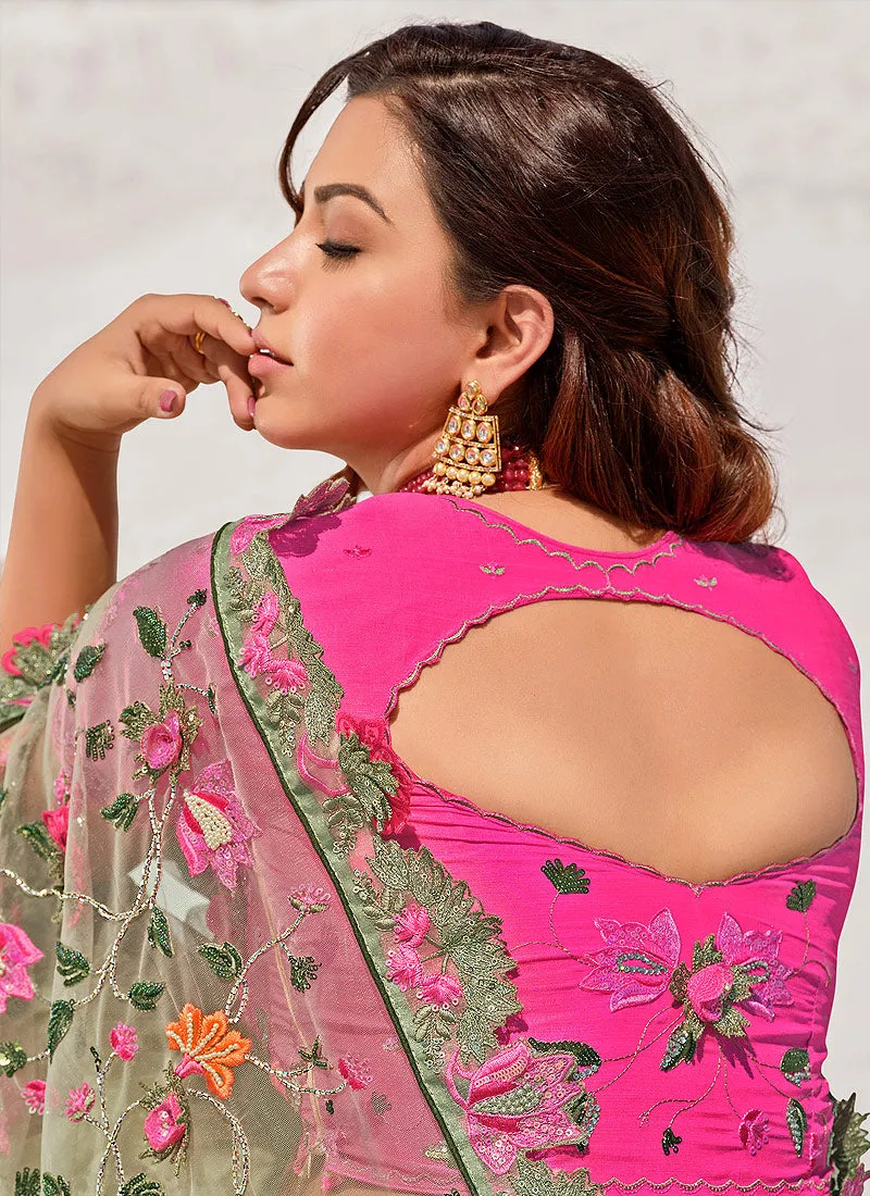 Mint Green And Pink Floral Embroidered Net Saree