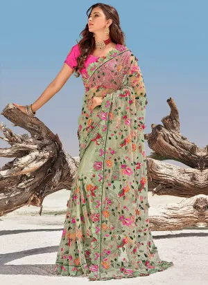 Mint Green And Pink Floral Embroidered Net Saree