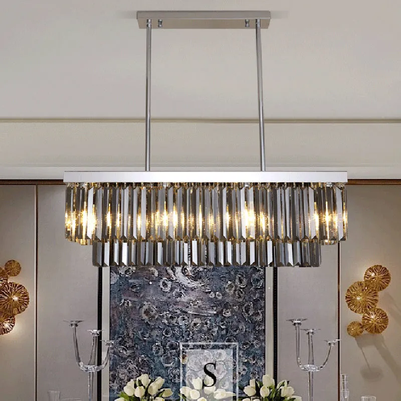 Modern Smoke Gray Crystal Block Hanging Light - Rectangle Shape, 6/8/10 Head Dining Room Chandelier Lamp