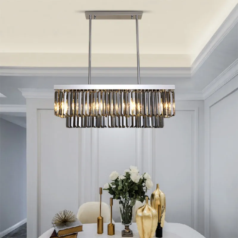 Modern Smoke Gray Crystal Block Hanging Light - Rectangle Shape, 6/8/10 Head Dining Room Chandelier Lamp