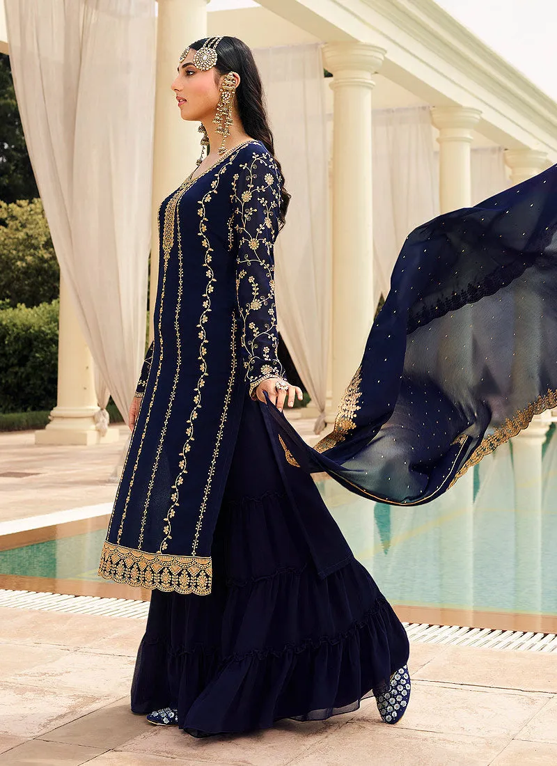 Navy Blue Golden Zari Embroidered Designer Gharara Suit