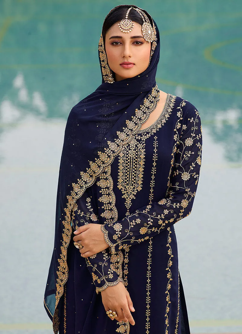 Navy Blue Golden Zari Embroidered Designer Gharara Suit