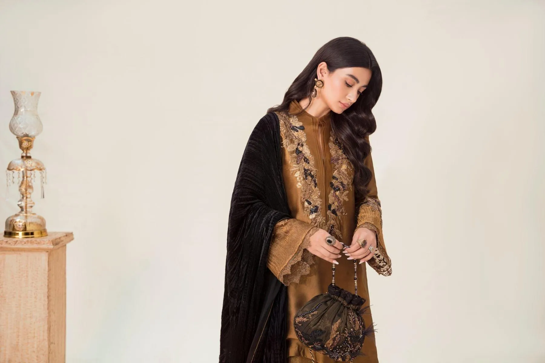 Nilofer Shahid - Bronze Gold Tissue Silk Shirt & Crushed Tissue Pants with Black Pure Crushed Velvet Shawl - 3 Piece