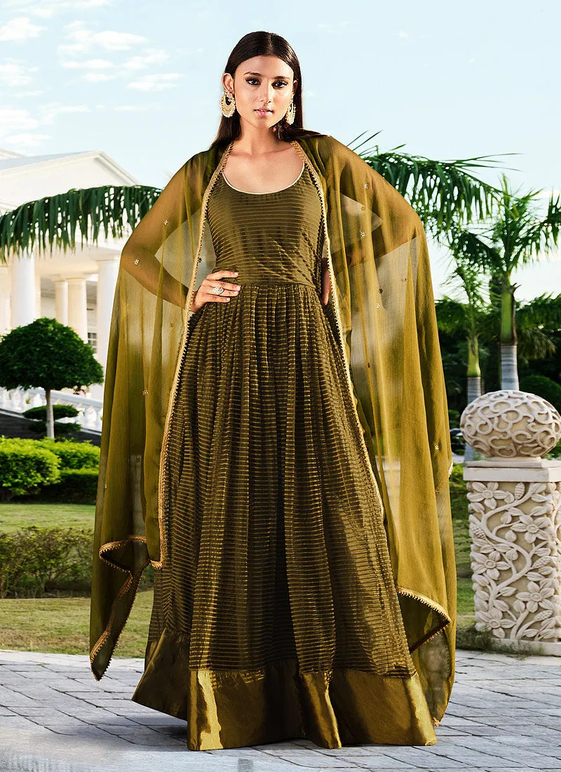 Olive Green Zari Embroidered Jacket Style Anarkali Suit