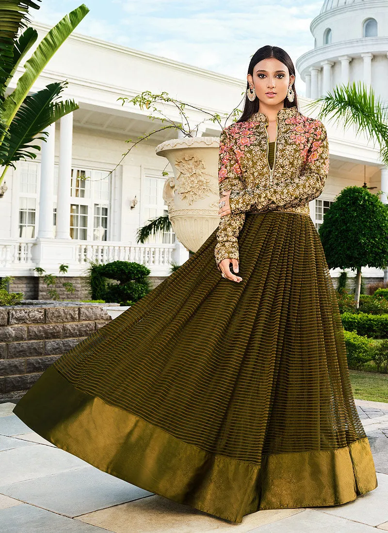 Olive Green Zari Embroidered Jacket Style Anarkali Suit