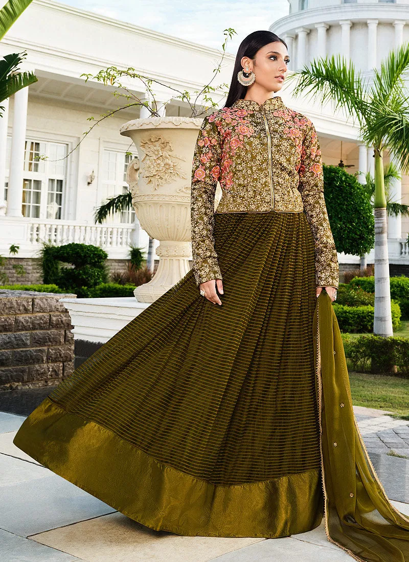 Olive Green Zari Embroidered Jacket Style Anarkali Suit