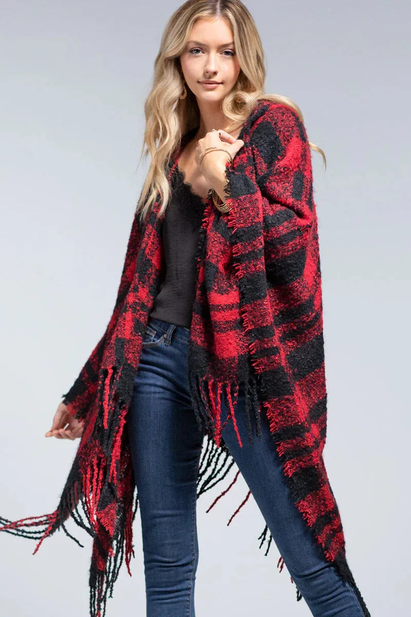 Plaid Red Black Ruana Hoodie