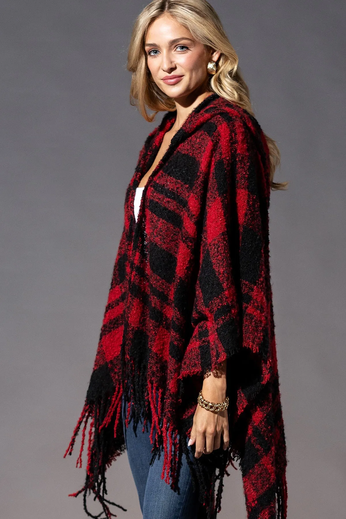 Plaid Red Black Ruana Hoodie