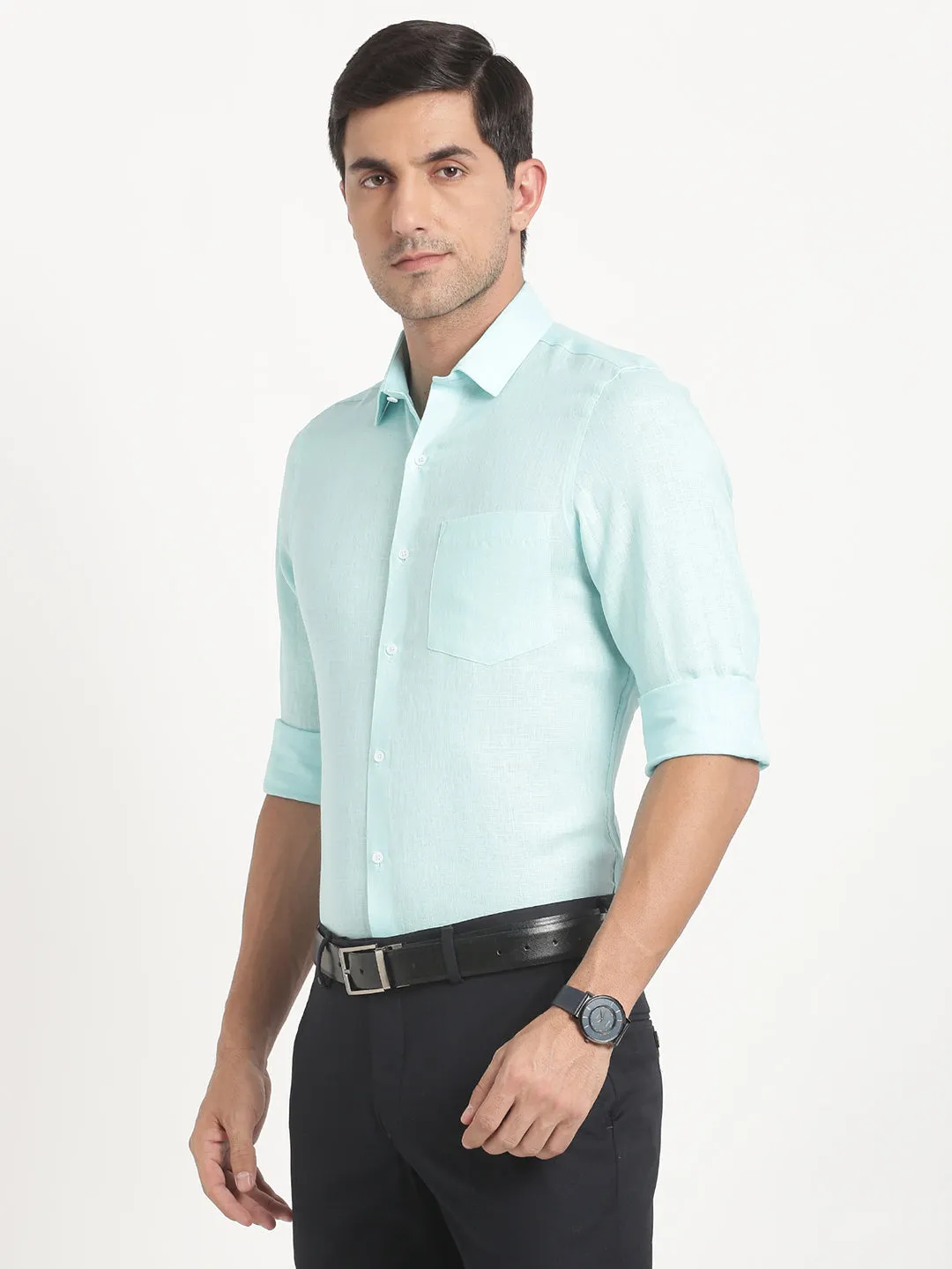 Pure Linen Sea Green Plain Slim Fit Full Sleeve Formal Shirt