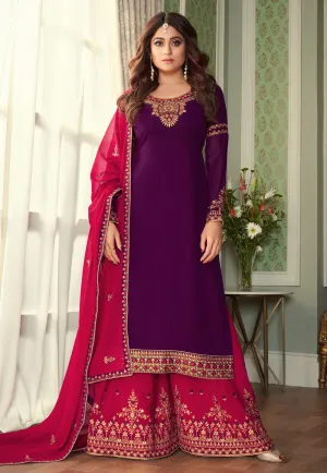 Purple And Pink Embroidered Ethnic Palazzo Suit