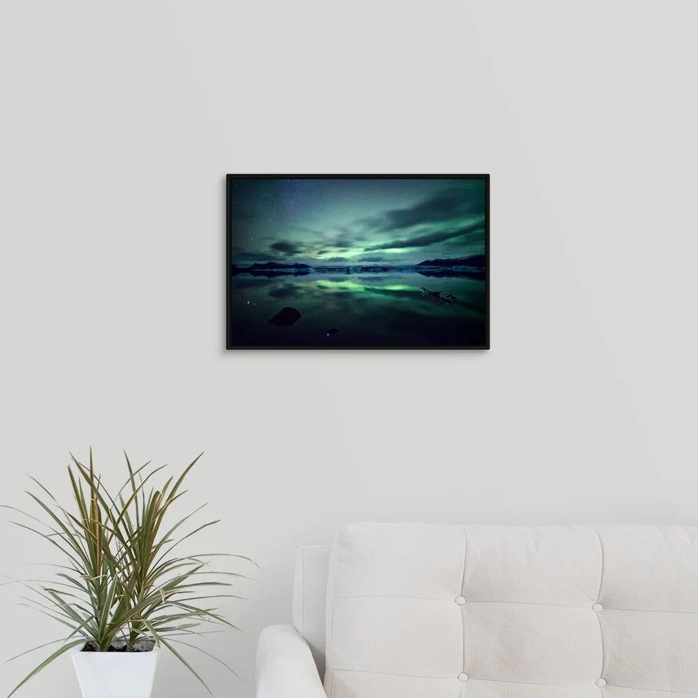 "Aurora borealis over Jokulsarlon glacial lagoon in south Iceland." Black Float Frame Canvas Art