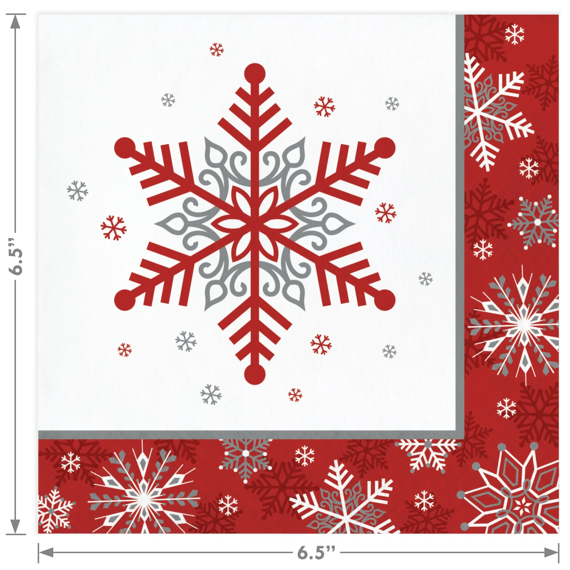 Red & Silver Snowflake Winter and Christmas Party Paper Dinner Plates, Napkins, and Forks (Serves 16)