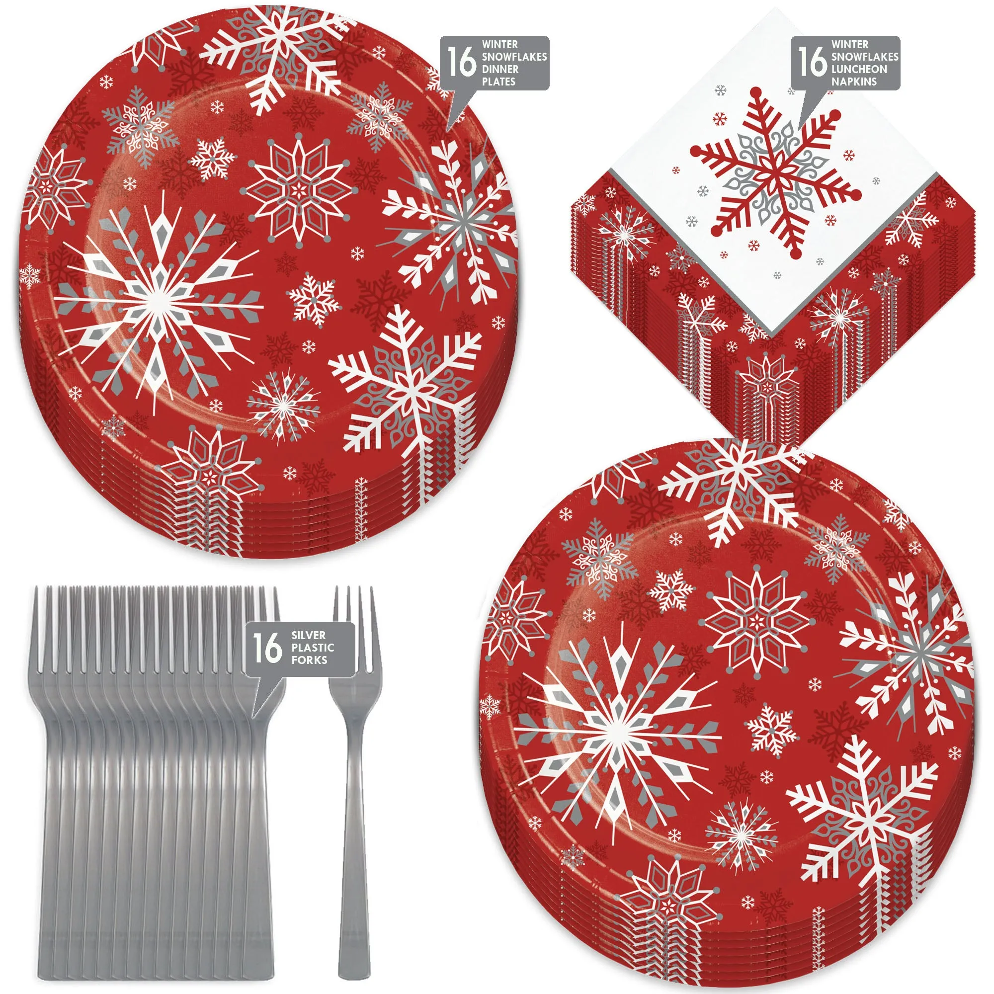 Red & Silver Snowflake Winter and Christmas Party Paper Dinner Plates, Napkins, and Forks (Serves 16)