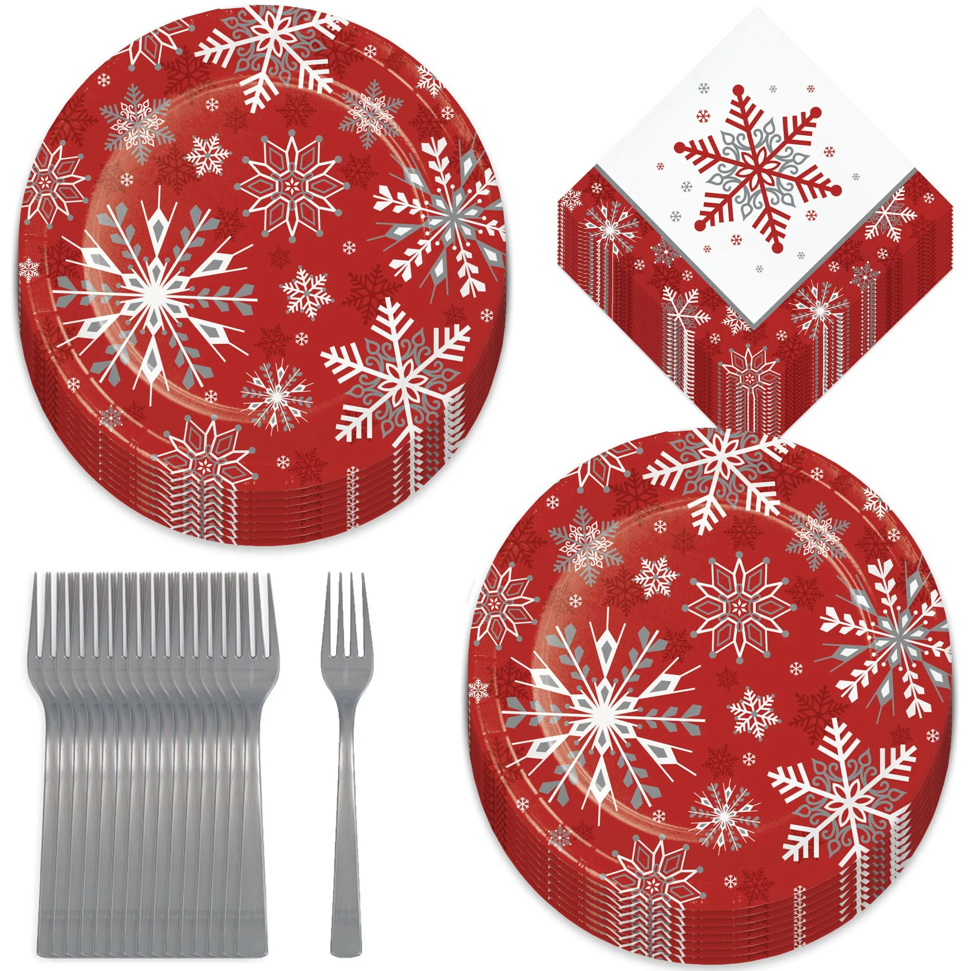 Red & Silver Snowflake Winter and Christmas Party Paper Dinner Plates, Napkins, and Forks (Serves 16)