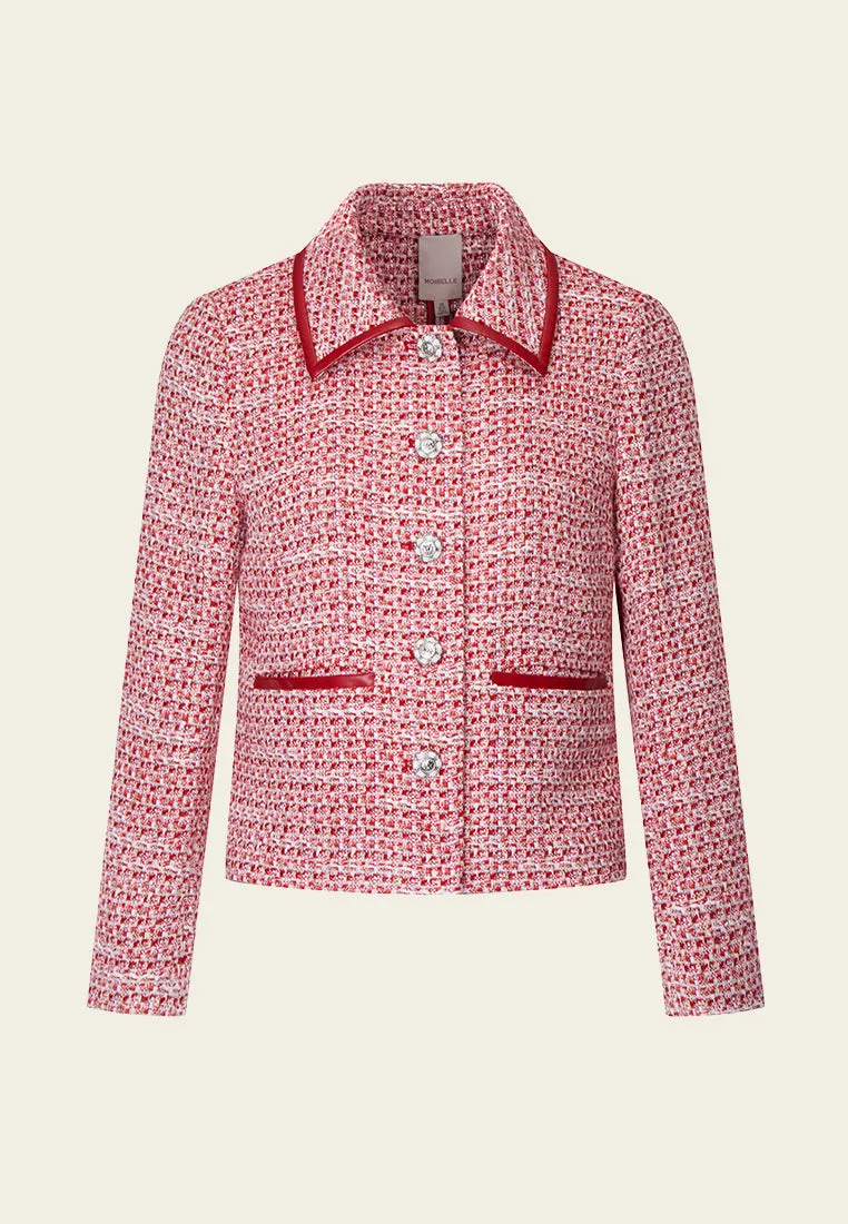 Red Leather-trimmed Collar Tweed Jacket