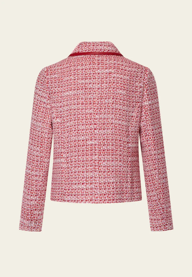 Red Leather-trimmed Collar Tweed Jacket